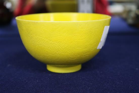 A Chinese yellow ground bowl, Guangxu mark and period, restored